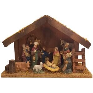 Vintage Christmas 11-Piece Nativity Set Static Ceramic Wood Creche Stable Manger